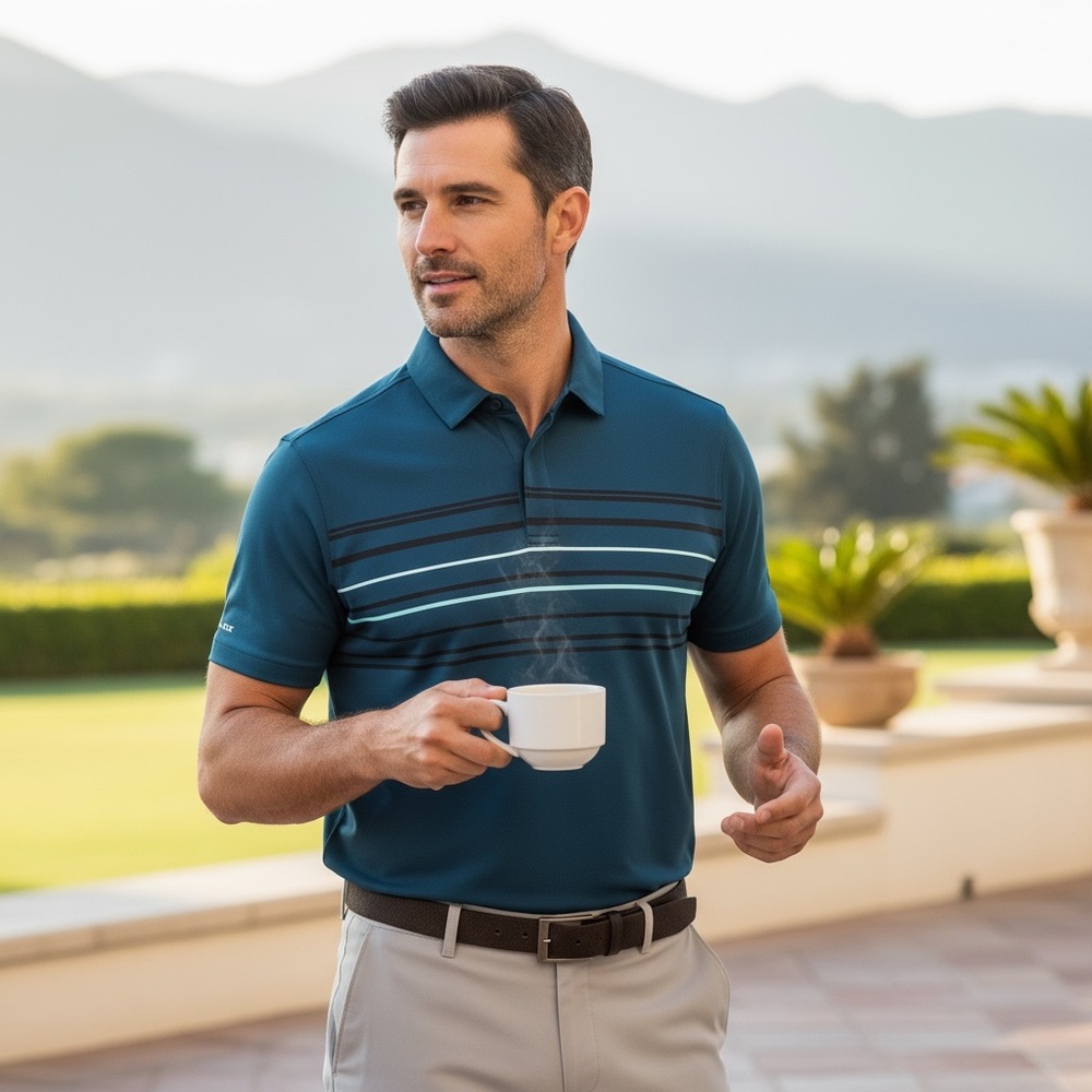 Under Armour Men's Polo in Teal with Aqua Blue and Black Stripes